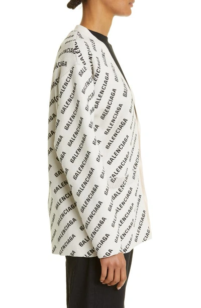 Shop Balenciaga Mini Logo Jacquard V-neck Cotton & Wool Blend Cardigan In Chalky White/ Black