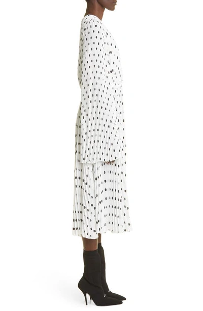 Shop Balenciaga Polka Dot Pleated Long Sleeve Midi Dress In White/ Black