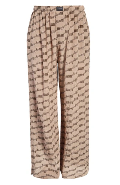 Shop Balenciaga Bb Monogram Silk Crepe Pajama Pants In Beige/ Brown