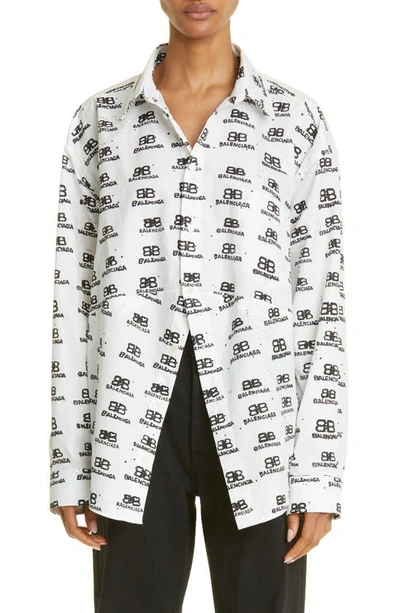 Shop Balenciaga Hand Drawn Bb Icon Cotton Poplin Button-up Shirt In White/ Black