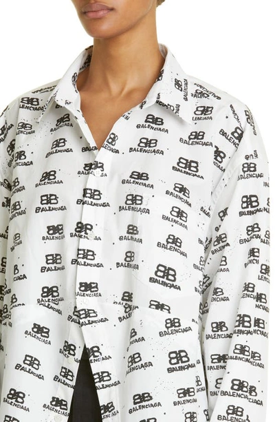Shop Balenciaga Hand Drawn Bb Icon Cotton Poplin Button-up Shirt In White/ Black