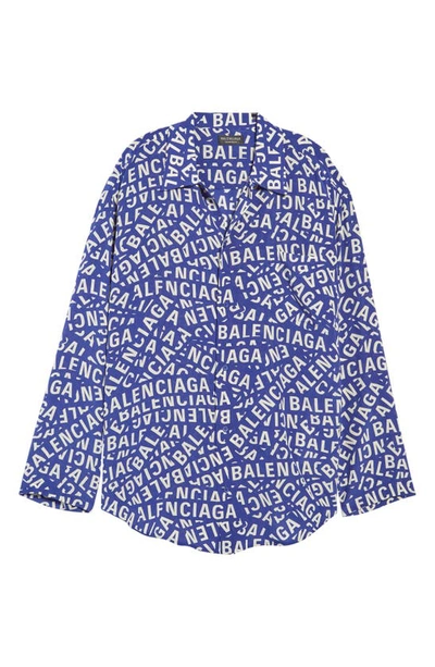 Shop Balenciaga Logo Stripes Silk Crepe Button-up Shirt In Blue/ Dirty White