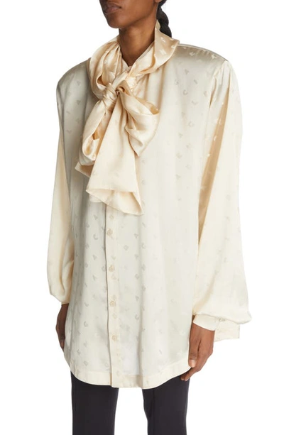 Shop Balenciaga Hooded Logo Jacquard Satin Blouse In Ivory