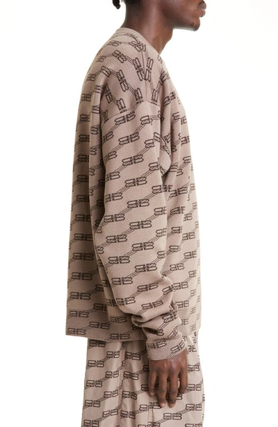 Shop Balenciaga Bb Monogram License Logo Crewneck Cotton & Wool Blend Sweater In Beige/ Brown
