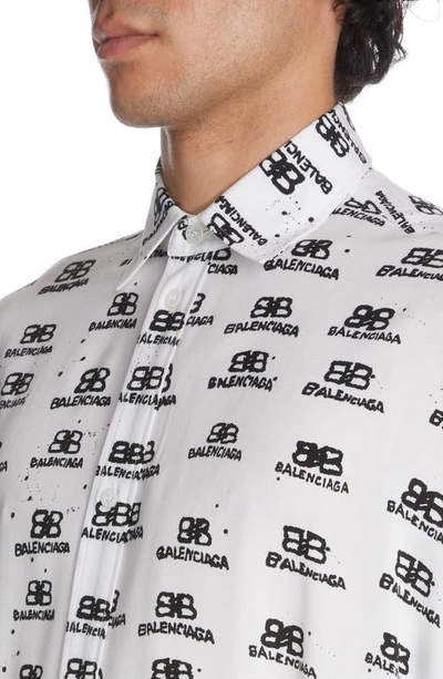 Shop Balenciaga Oversize Hand Drawn Bb Logo Button-up Shirt In White/ Black