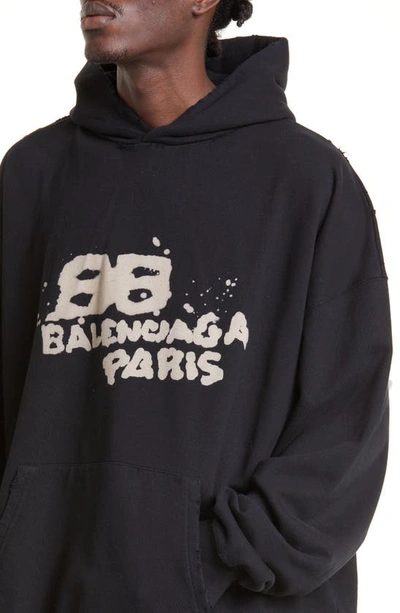 Shop Balenciaga Dirty Oversize Bb Logo Cotton Hoodie In Black/ Ecru