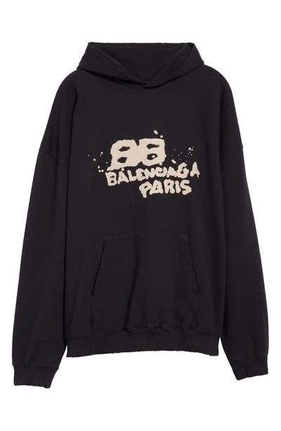Shop Balenciaga Dirty Oversize Bb Logo Cotton Hoodie In Black/ Ecru