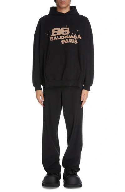 Shop Balenciaga Dirty Oversize Bb Logo Cotton Hoodie In Black/ Ecru