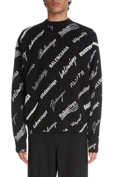 Shop Balenciaga Multi Logo Jacqaurd Wool Blend Sweater In Black/ White