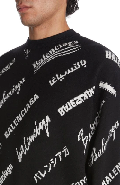 Shop Balenciaga Multi Logo Jacqaurd Wool Blend Sweater In Black/ White