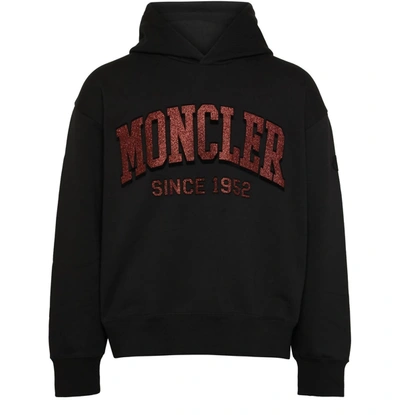 Shop Moncler Hooded With Red Glitter Logo Pullover Cotton Sweatshirt In Black