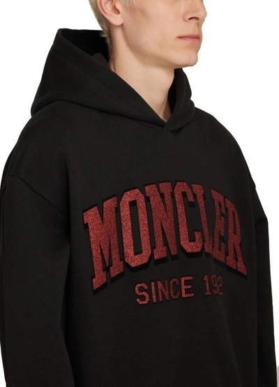 Shop Moncler Hooded With Red Glitter Logo Pullover Cotton Sweatshirt In Black
