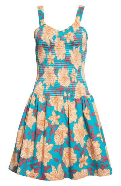 Shop Autumn Adeigbo Cassie Floral Smocked Bodice Fit & Flare Sundress In Sea Green/ Multicolor