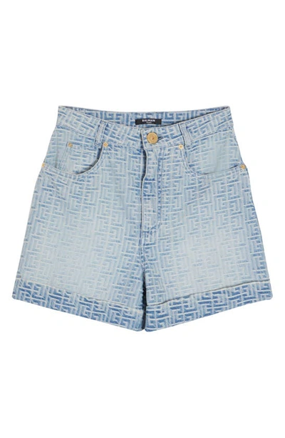 Shop Balmain Monogram Jacquard High Waist Denim Shorts In Blue