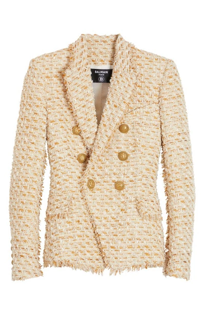 Shop Balmain Double Breasted Tailored Tweed Jacket In Beige Multi