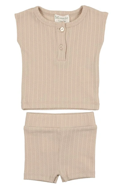 Shop Maniere Rib Cotton Tank & Shorts Set In Sand