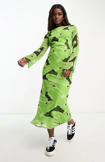 Shop Asos Design Abstract Print Long Sleeve Chiffon Dress In Green Multi