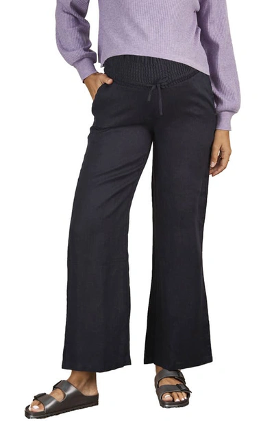 Shop Angel Maternity Smocked Waist Linen Maternity Pants In Navy