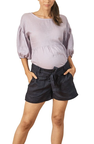Shop Angel Maternity Tie Waist Linen Maternity Shorts In Navy