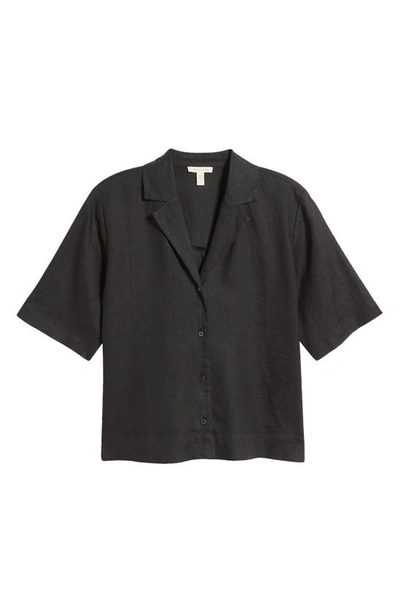 Shop Eileen Fisher Notched Collar Elbow Sleeve Linen Button-up Shirt In Black