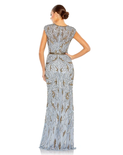 Shop Mac Duggal Embellished Illusion Cap Sleeve Column Gown In Platinum Gold