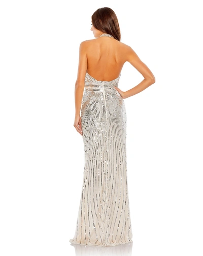 Shop Mac Duggal Embellished Keyhole Halter Strap Draped Gown In Nude/silver
