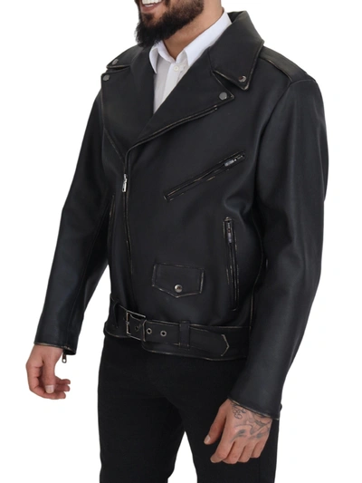 Shop Dolce & Gabbana Black Leather Biker Coat Zipper Men's Jacket