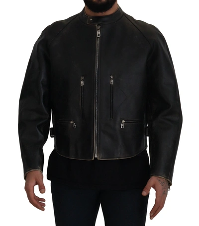 Shop Dolce & Gabbana Black Leather Zipper Biker Coat Men's Jacket