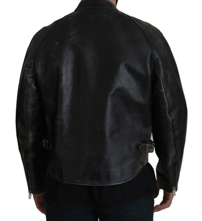 Shop Dolce & Gabbana Black Leather Zipper Biker Coat Men's Jacket