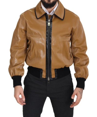 Shop Dolce & Gabbana Dark Camel Cotton Full Zip Blouson Men's Jacket In Brown