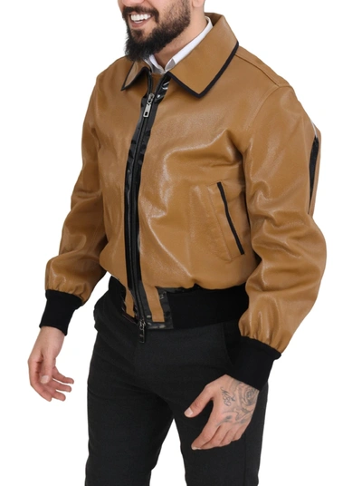 Shop Dolce & Gabbana Dark Camel Cotton Full Zip Blouson Men's Jacket In Brown