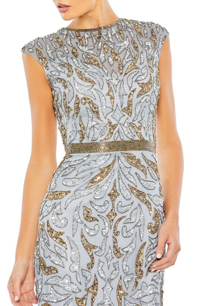 Shop Mac Duggal Beaded Paisley Sleeveless Trumpet Gown In Platinum Gold