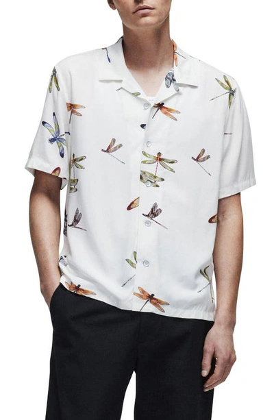 Shop Rag & Bone Avery Print Short Sleeve Button-up Camp Shirt In Ecru Dragonfly