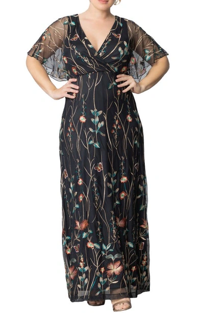 Shop Kiyonna Embroidered Elegance Floral Gown In Onyx