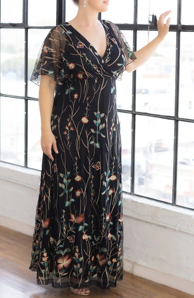 Shop Kiyonna Embroidered Elegance Floral Gown In Onyx