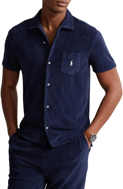 Shop Polo Ralph Lauren Terry Cloth Short Sleeve Button-up Shirt In Newport Navy