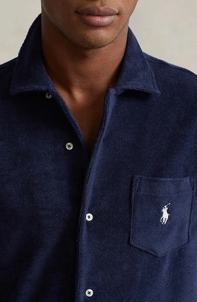 Shop Polo Ralph Lauren Terry Cloth Short Sleeve Button-up Shirt In Newport Navy