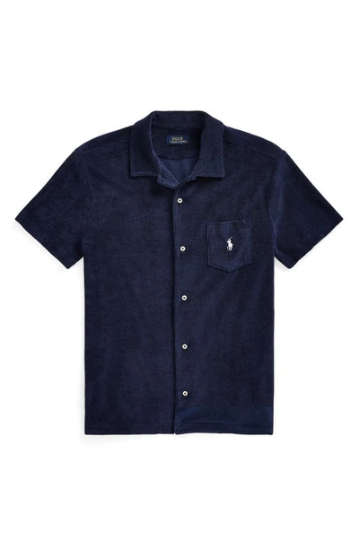 Shop Polo Ralph Lauren Terry Cloth Short Sleeve Button-up Shirt In Newport Navy