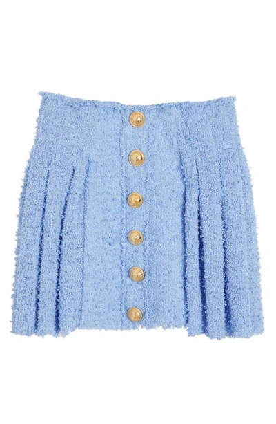 Shop Balmain Crested Button Tweed Skater Skirt In Lt Blue