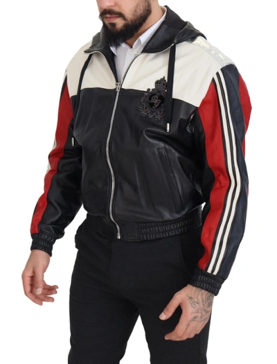 Shop Dolce & Gabbana Black Leather Hooded Blouson Coat Men's Jacket