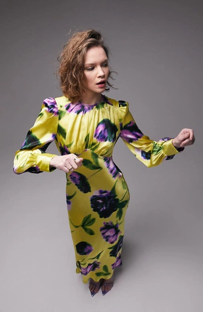 Shop Topshop Print Long Sleeve A-line Dress In Yellow