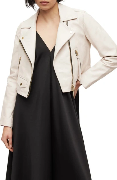 Shop Allsaints Elora Crop Leather Biker Jacket In Ivory White