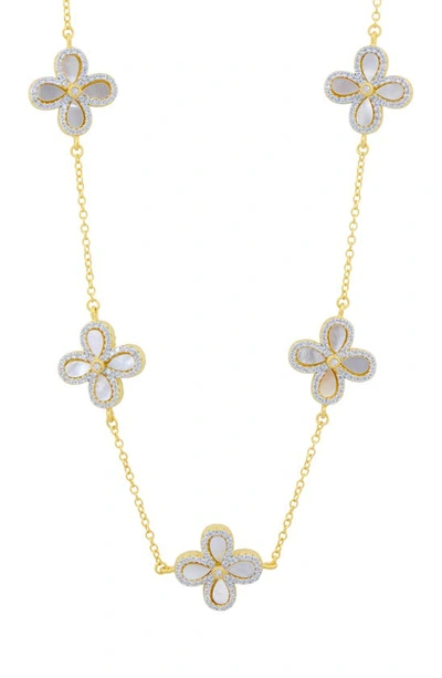 Shop Freida Rothman Blossoming Brilliance Mother-of-pearl Clover Station Necklace In Gold And Silver