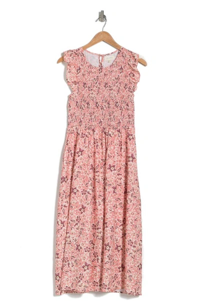 Shop Melloday Sleeveless Smocked Bodice Midi Dress In Blush Floral