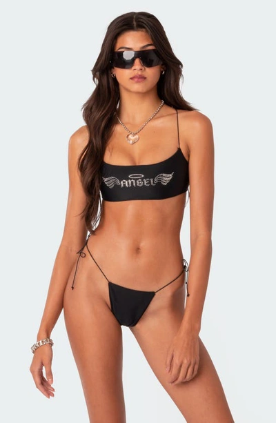 Edikted Angel Back Rhinstone Side Tie Bikini Bottoms In Black