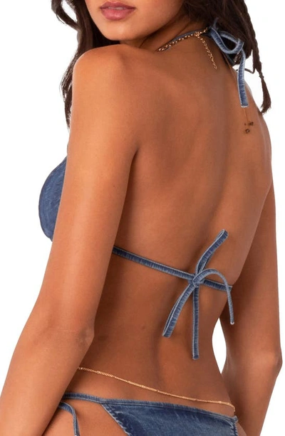 Shop Edikted Didi Distressed Denim Triangle Bikini Top In Denim-blue