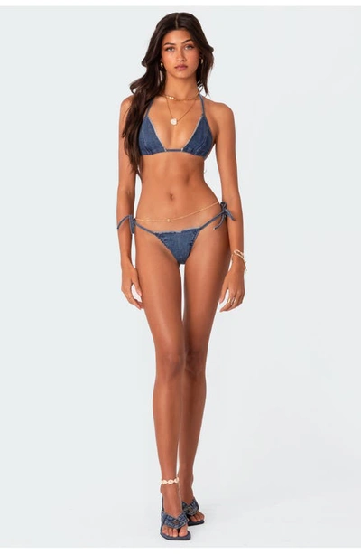 Edikted Didi Distressed Denim Triangle Bikini Top In Denim-blue