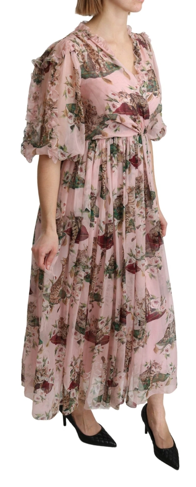 Dolce & Gabbana Pink Bengal Cat Print A-line Maxi Silk  Dress In Pink