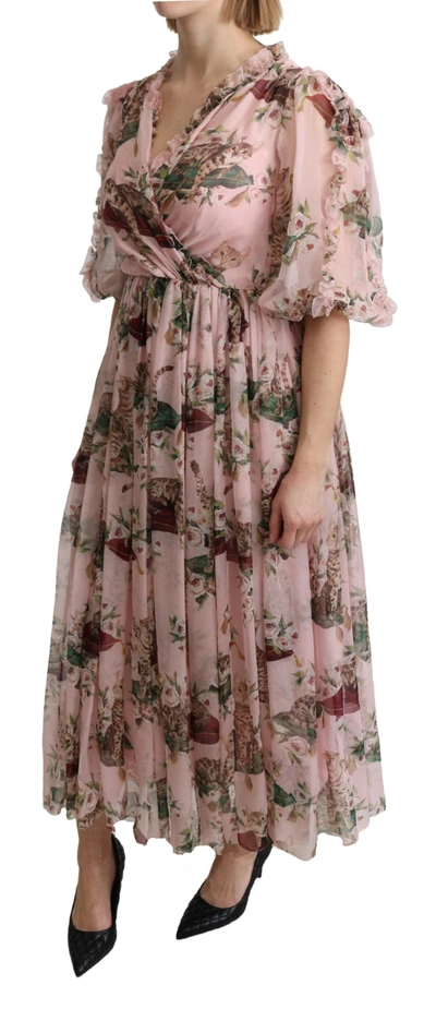 Dolce & Gabbana Pink Bengal Cat Print A-line Maxi Silk  Dress In Pink