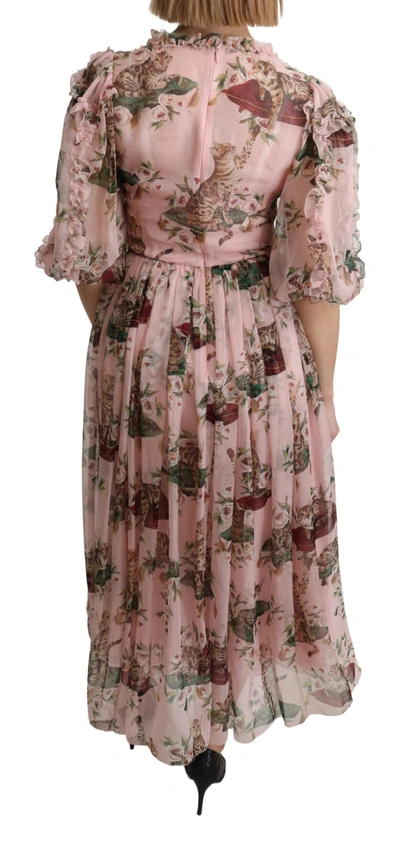 Dolce & Gabbana Pink Bengal Cat Print A-line Maxi Silk  Dress In Pink